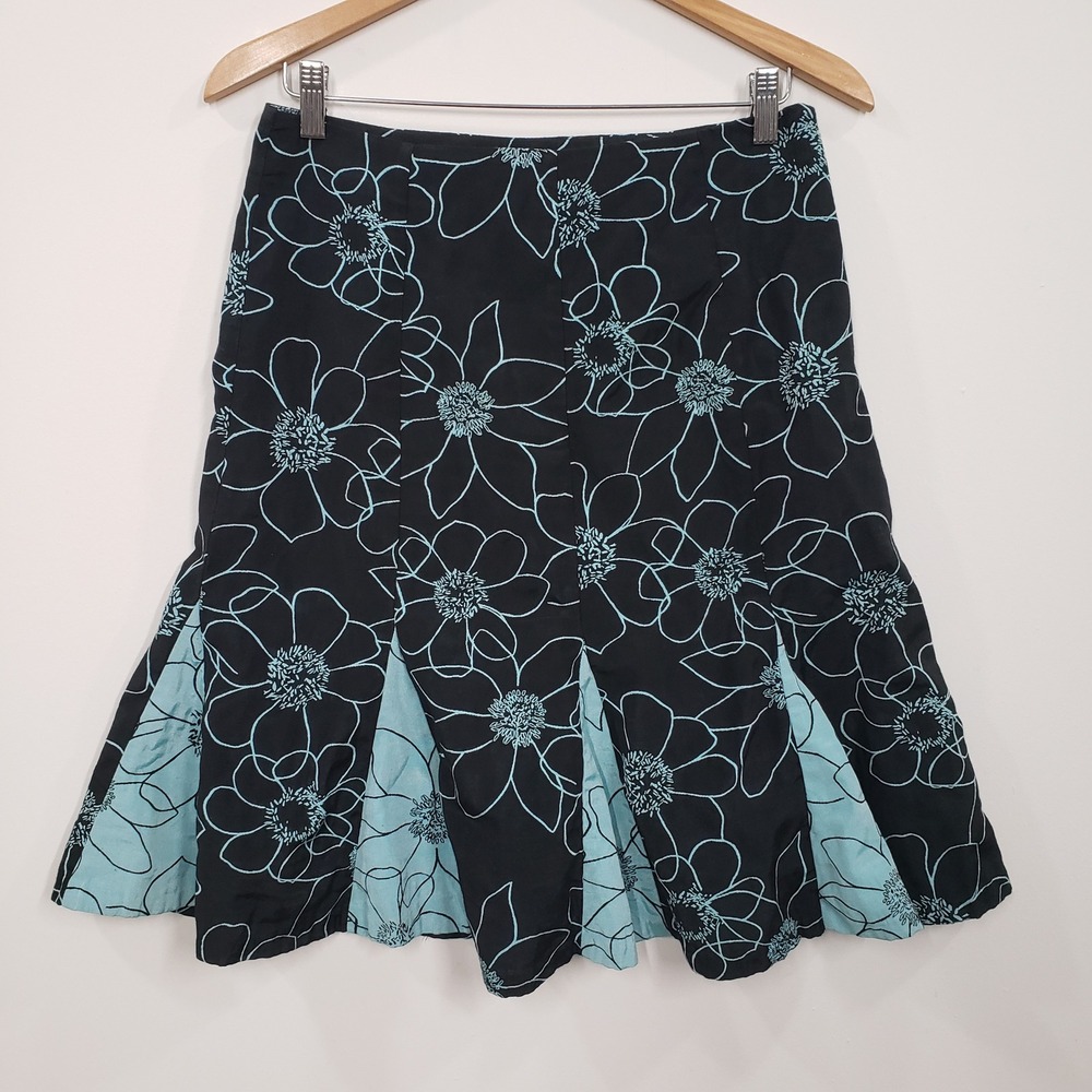 Vintage 90s Canvasbacks Black‎ Aqua Floral Print Pleated Midi Skirt Size 6 Boho